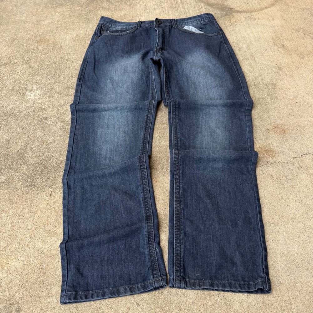 Vintage Brass Men Slim Straight Dark Wash Denim Jeans 34x30 Blue Embroidered
